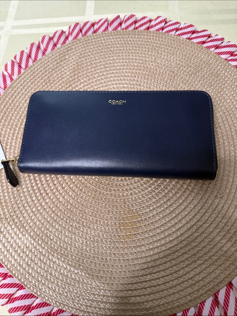 Coach Navy Zip-Around Leather Wallet with Gold Logo
